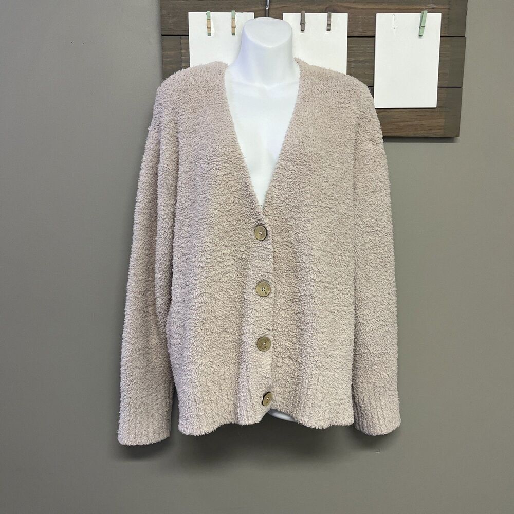 Barefoot Dreams Beige Cozy Chic V-neck Button Down Fuzzy Long Sleeve Cardigan 2X